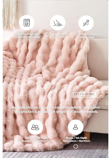 Evlen Home Kürk Yatak Örtüsü Çift Kişilik Dolgulu Peluş Yumuşak Çift Taraflı Yorgan 3 Parça Loria Pudra