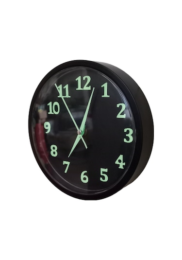Fosforlu Gece Parlayan Siyah Salon Mutfak Ofis Duvar Saati 22 Cm Siyah