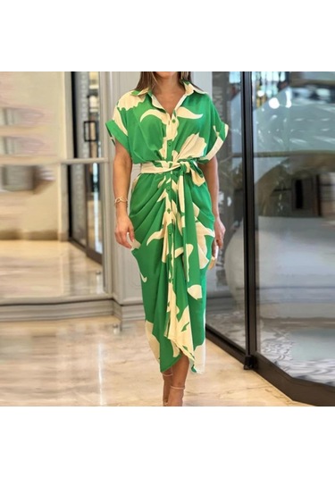 İlkbahar Yaz Kadın Elbise Baskılı Yaka Kısa Kollu Yüksek Bel Uzun Gömlek Elbiseler Yeşil