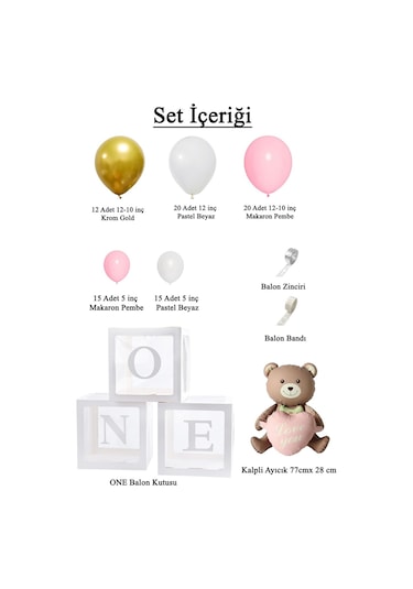 Krom Gold, Makaron Pembe Ve Beyaz Balon Temalı 1 Yaş Set One Kutu Pembe Kalpli Ayıcık Folyo Ve Balon Zincir Set Pembe