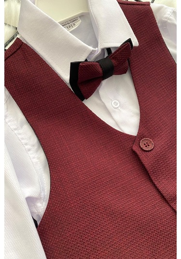 Yelekli Papyonlu Erkek Çocuk Takım Elbise Bordo