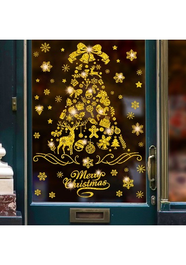 Yifomall Noel Ağaçlı Elektrostatik Pencere Stickerı - Altın Parlak 30x37 Cm, Reindeer-santa Hediyeli, Glue Yok, Noel Dekorasyonu Altın