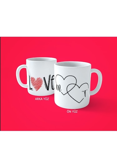 Sevgililere Özel Kalpli Baş Harfli Love Baskılı Kupa Bardak