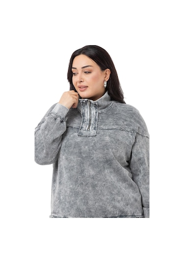 Büyük Beden Pis Dikişli Fermuarlı Yırtmaçlı Parça Boyalı Gri Sweatshirt-gri Gri