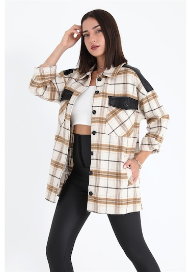 Deri Garnili Ekose Cepli Gömlek - Vizon-vizon Vizon