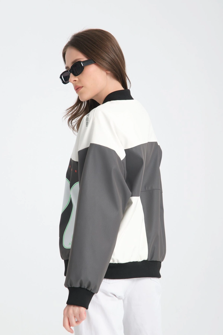 Kadın Oversize Baskılı Deri Motorcu Montu Fermuarlı Yarışçı Ceket Astarlı Bomber Kolej Mont Gri