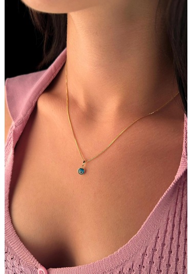 Fiyonk Kuyumculuk 14 Ayar Altın İpek Zincir Mavi Gözlü Nazar Kolye 001