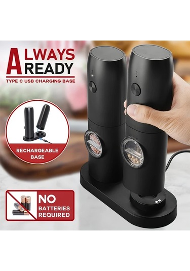 Honeybeeshop Bir Paket 1 Veya 2li Sarj Edilebilir Elektrikli Biber Ve Tuz Degirmeni Seti Sarj Tablasi Otomatik Calisma Led İsik Ayarlanabilir Ogutme Usb Sarj Kompakt Tasarim Ahşap