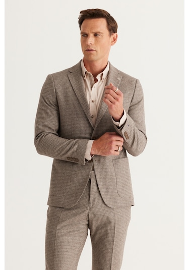 Erkek Kahverengı Slim Fit Dar Kesim Mono Yaka Kareli Yünlü Takım Elbise Kahverengi