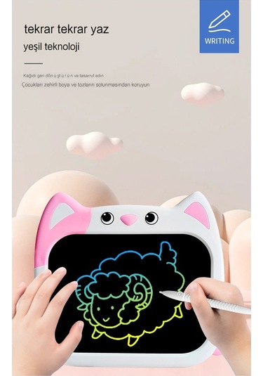 Ccgloball 10 Inç Karikatür Kedi Renkli Lcd Yazı Tahtası Çocuk Grafiti Çizim Tahtasında Lcd Elektronik Işıklı Yazı Tahtası Pembe