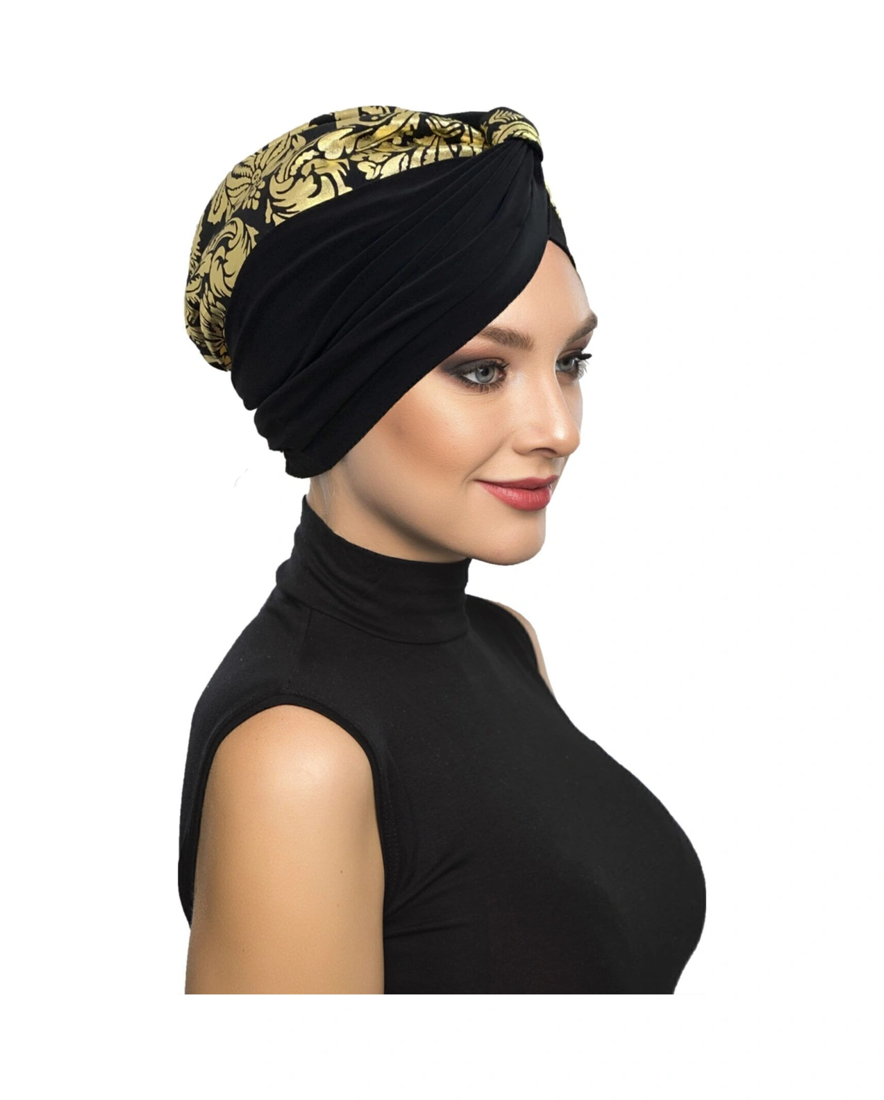 Özel Tasarım Siyah Üzeri Altın Osmanlı Motifli Astarlı Hazır Türban Tesettür Abiye Bone Siyah13