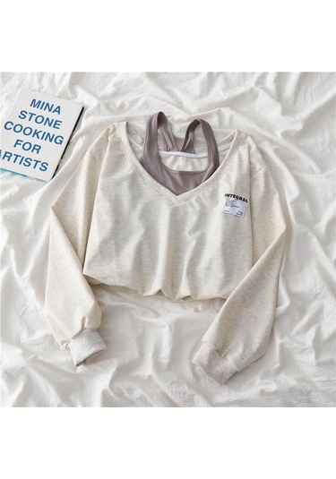 Bej Moda Kadın Sahte Iki Parçalı Straplez Açık Göbek Üst Hazırlık Tarzı Harajuku Swearmshirt Gevşek Rahat Kazak Bej