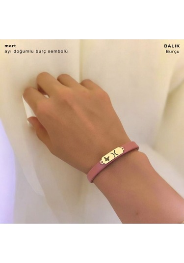 Archin Mart Ayı Doğumlarına Koyu Pembe Derili Kelebek Motifli 14 Ayar Altın Plakalı Hediye Bileklik-654ay Mart