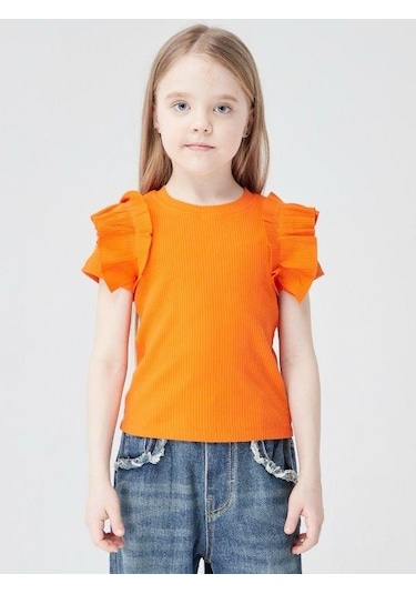 Kız Çocuk Kaşkorse Kolları Fırfırlı Bluz-13810-turuncu Turuncu