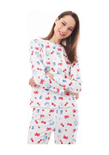 Premium Yazlık Kadın Pijama Takımı Meyve Desenli Yumuşak Dokulu Bisiklet Yaka Uzun Kollu Krem