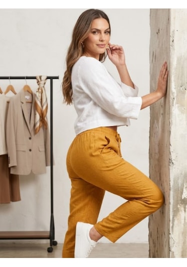 Know Kadın Hardal Keten Karışımlı Beli Lastikli Yazlık Havuç Pantolon