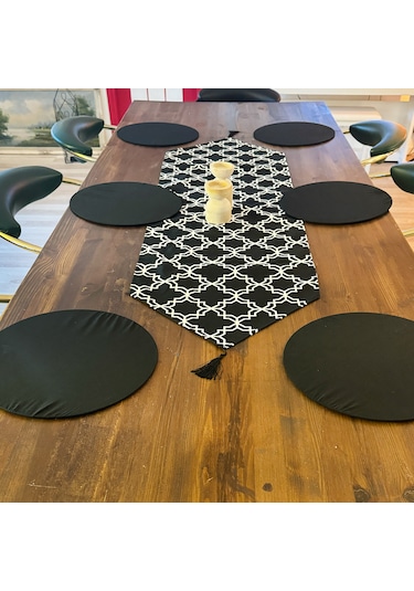 Siyah Desenli Runner Masa Örtüsü Dekoratif Supla Set 6130