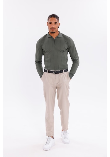 Monox Erkek Yarım Fermuarlı Polo Yaka Triko Kazak Haki