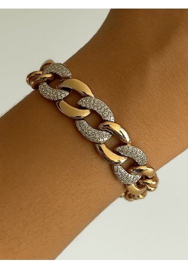 Gümüş Ve Altın Örme Taşlı Rose Bileklik Rose Gold