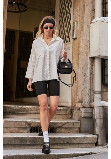 Kadın Likrasız Keten Kumaş Yakalı Cepli Düşük Omuzlu Salaş Oversize Tunik Gömlek-krem Krem