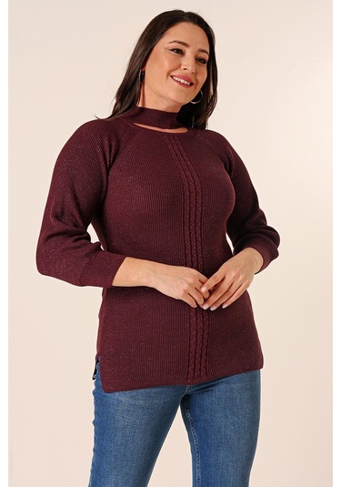 Boyun Dekolteli Saç Örgülü Desen Büyük Beden Spor Tunik Kazak-35211 - Mor