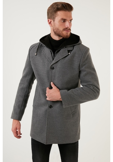 Buratti Çıkarılabilir Kapüşonlu Kırçıllı Slim Fit Kaşe Erkek Kaban 5841013 Açık Gri