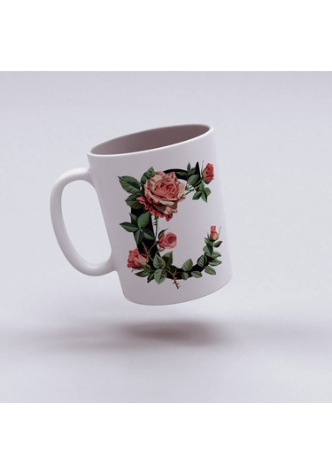 C Baş Harf Kırmızı Güller İle Sarılı Bardak 330 Ml Kişiye Özel Çiçekli Hediye Beyaz