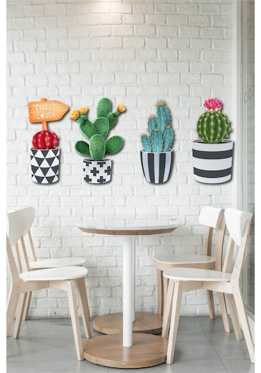 No77Decor Ahşap Kaktüs Duvar Dekorasyon Seti 4 Parça