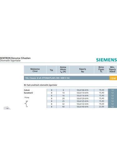 Siemens 20 Amper Otomatik Sigorta 5Sl6106-6Ya 6Ka