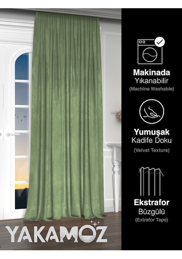 Yakamoz Kadife Görünüm Çağla Yeşili Ada Fon Perde Ekstraforlu Velvet Touch Serisi Çağla Yeşili