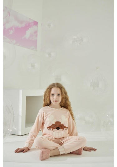 Kız Garson Uzun Kol Kadife Pembe Pijama Takımı C8t5n5o7 001