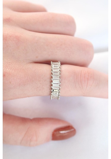 Sıralı Baget Taşlı Silver Renk Ayarlanabilir Yüzük Gümüş