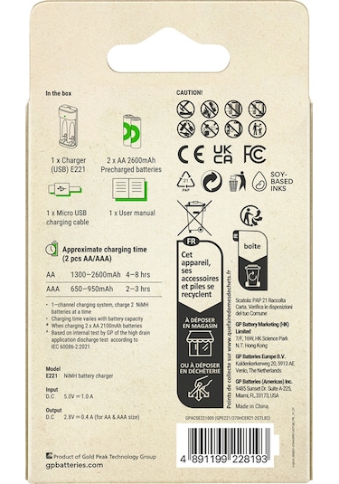 Gp E221 Usb Pil Şarj Cihazı 2 Adet 2600 Aa Kalem Pilli Set