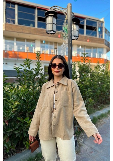 Kadın Camel Uzun Kol, Çift Cepli, Eteği Oval Kesim, Kaşe Gömlek Ceket CAMEL