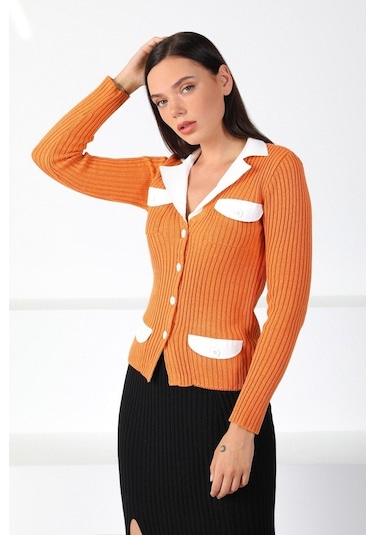 Ferraro Orange Gömlek Yaka Kadın Triko Hırka Turuncu