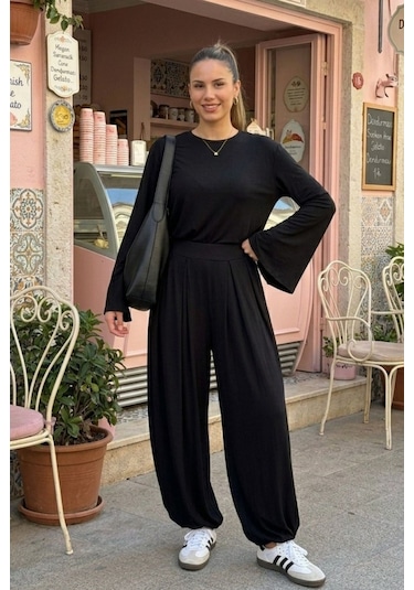 Madmext Siyah Likralı Modal Şalvar Takım Mg2784