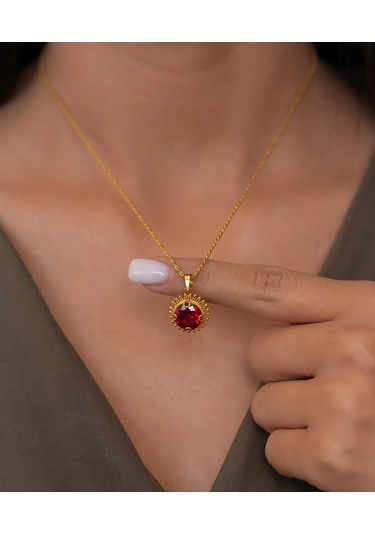 Bayar Gold 14 Ayar Altın Kırmızı Güneş Taşlı Kolye Sarı Altın