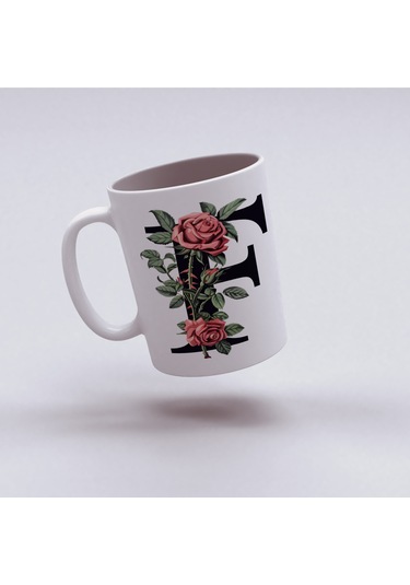 F Baş Harf Kırmızı Güller İle Sarılı Bardak 330 Ml Kişiye Özel Çiçekli Hediye Beyaz