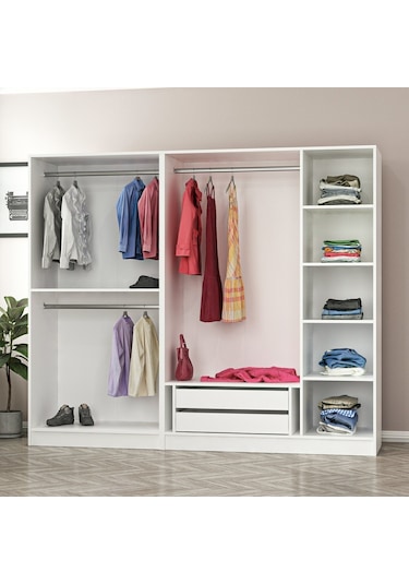 Minar Kale 5 Bölmeli 2 Çekmeceli Giyinme Dolabı Beyaz 190cm