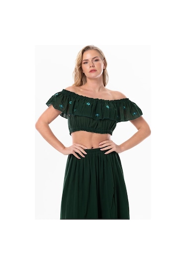 Lavinya Vual Lastik Detaylı Nakışlı Yazlık Crop Bluz Yeşil Ysl-yeşil Yeşil