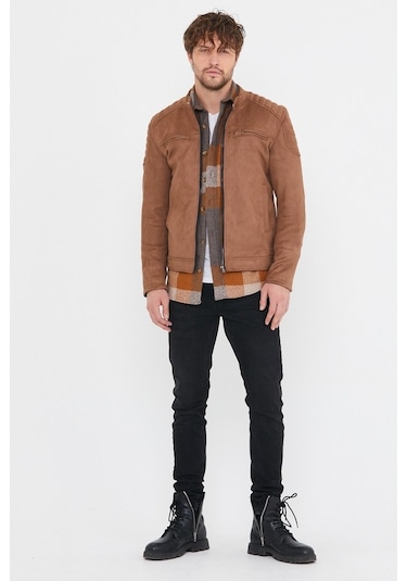 Erkek Kahverengi Dar Kesim Süet Ceket Mont-Kahverengi