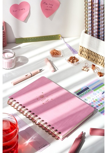 A5 Spiralli Sert Kapak Keten Kareli Tarihsiz Not Defteri Şeker Pembe Şeker Pembe