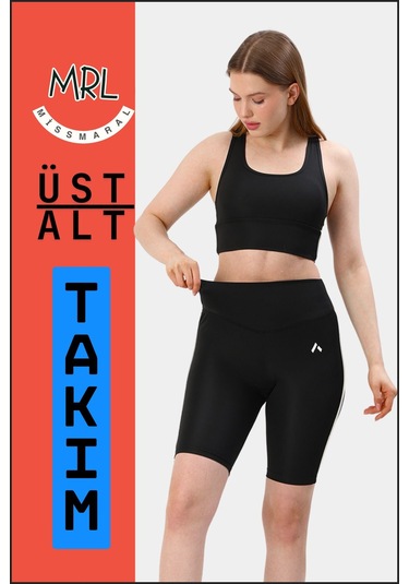 Kadın Siyah Takım Alt-üst Kısa Şort-tayt Ve Pedli Sporcu Büstiyer 2li Set Beyaz Biyeli Siyah Beyaz