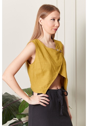 Şık Farklı Tarz Asi Keten Bluz - Modern Ve Cesur Tasarım HARDAL
