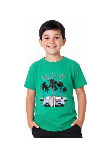 Summer Van Baskılı Erkek Çocuk Yuvarlak Yaka Kısa Kollu T-shirt Yeşil