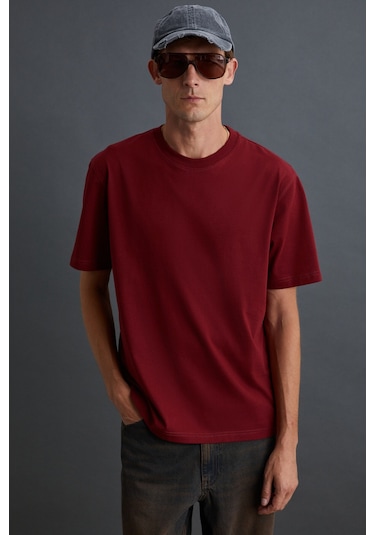 Solo Erkek %100 Organik Pamuklu Kalın Dokulu Comfort Fit Bisiklet Yakalı Bordo T-shirt