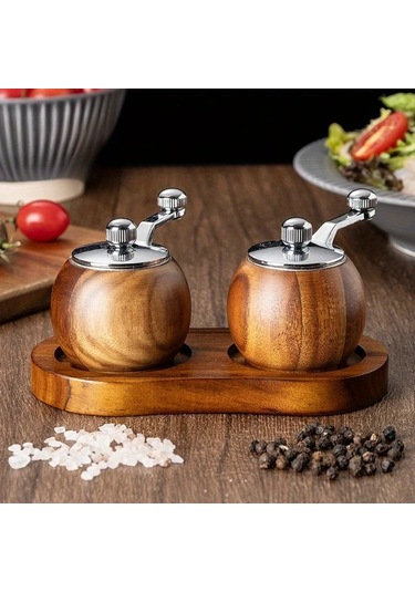 Honeybeeshop 2 Adet Ahşap El Değirmeni İki Set Taban İle El Kolu Deniz Tuzu Biber Makinesi Ayarlanabilir Kalınlık Restoran Mutfak Aletleri