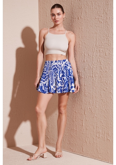 Lela Desenli Slim Fit Mini Bayan Şort Etek 5869020 Saks