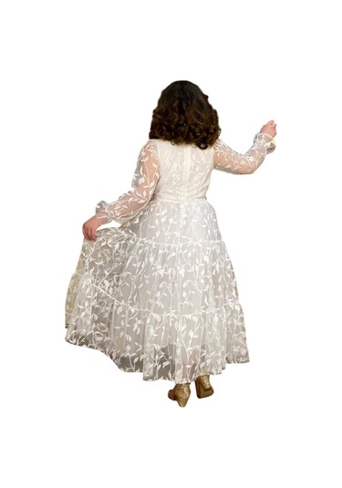 Riccotarz Kız Çocuk Kolları Ve Yakası Şeffaf Tüllü Ve Yaprak Detaylı Beyaz Elbise Beyaz