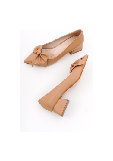 Camila Nude Fiyonklu 4cm Sivri Burun Topuklu Ayakkabı Ten Rengi